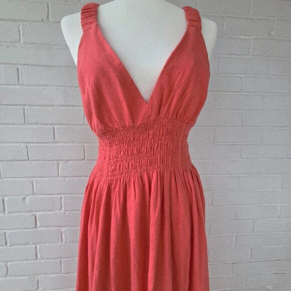 Abercrombie & Fitch Size Small Scrunchie Strap Linen Blend Midi Dress in Coral - Picture 5 of 8